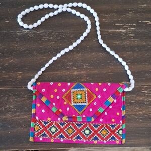 Pink Embroidered Clutch with Beaded Strap